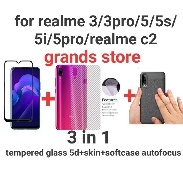 (3in1)Tempered glass full+skin carbon+case autofocus realme 3/3pro/5/5i/5s/5pro/c1/c2/c3/c11/c12/c15