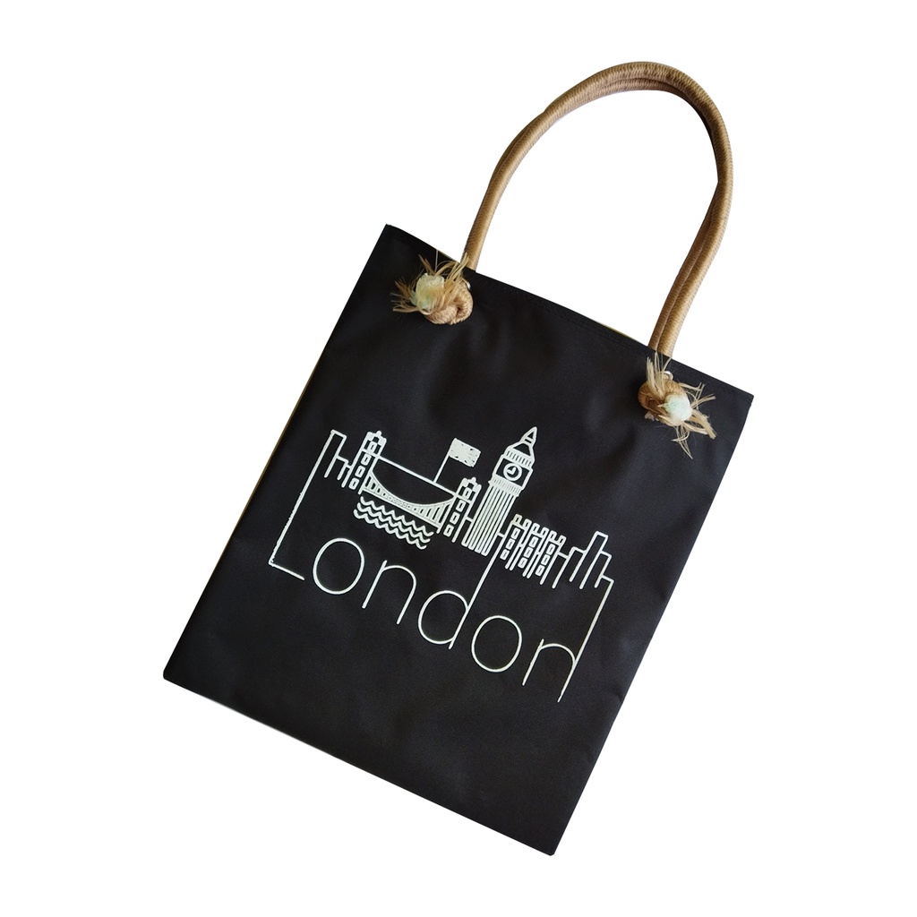 Tas Wanita Tote Bag Canvas  Motif London Resleting Tali Sumbu Murah Aesthetic
