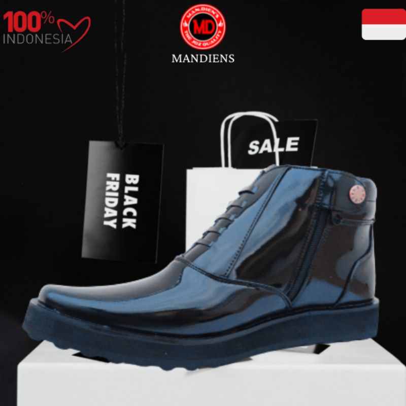 Mandiens S.03 Sepatu PDH Polri Pria Pantofel Polisi TNI Security Satpam Sol Datar Tebal Resleting Tanpa Tali Hitam Kilap untuk Dinas Harian Pantofel Cowok Formal Kerja Pesta Bukan Kulit Asli Terbaru Kualitas Premium Original Branded