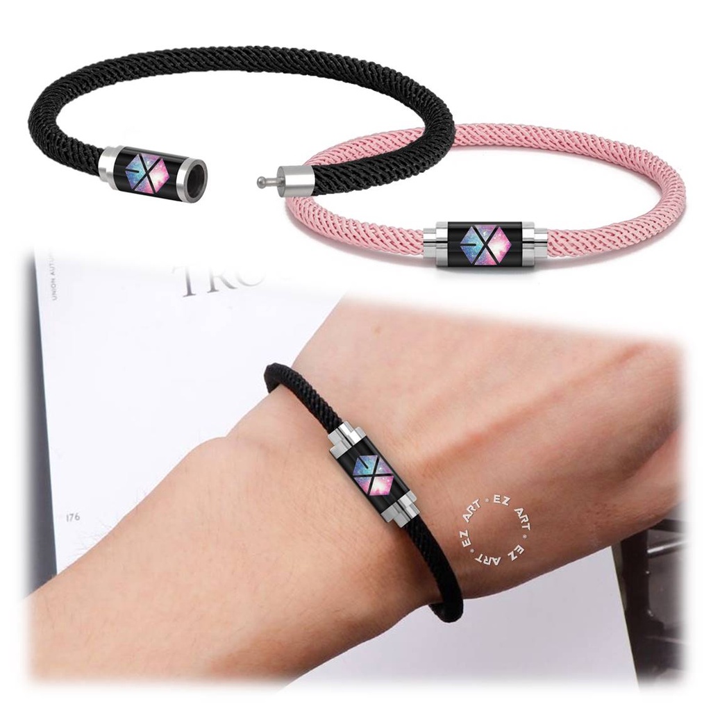 GELANG TALI SERUT LOGO KPOP EXO NYLON HONGKONG MILAN ROPE KAIT TABUNG STAINLESS STEEL