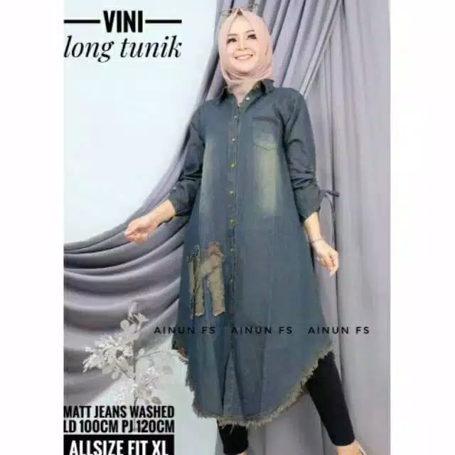 busana wanita long tunik jeans wash lengan panjang serut kancing depan hidup