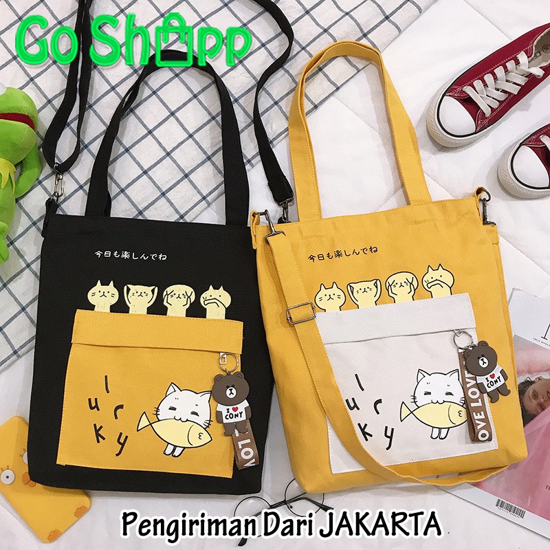 Tas ToteBag Besar Kanvas Import Premium Pakai Resleting dan Tali Panjang - Totebag Belanja [TE05]