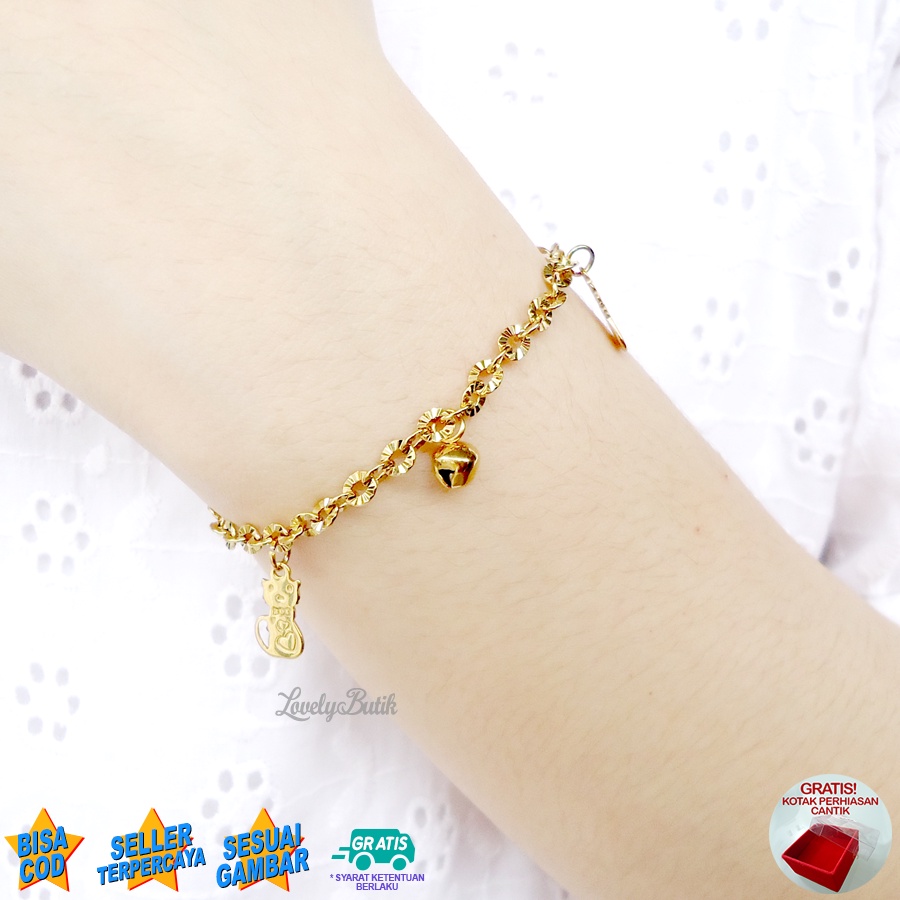 Lovelybutik Gelang Anak Perempuan Titanium Asli Anti Karat Gelang Tangan Anak Kitten Kecil Krincingan Rantai Nori Donat Ukuran 15 Cm BONUS TEMPAT PERHIASAN