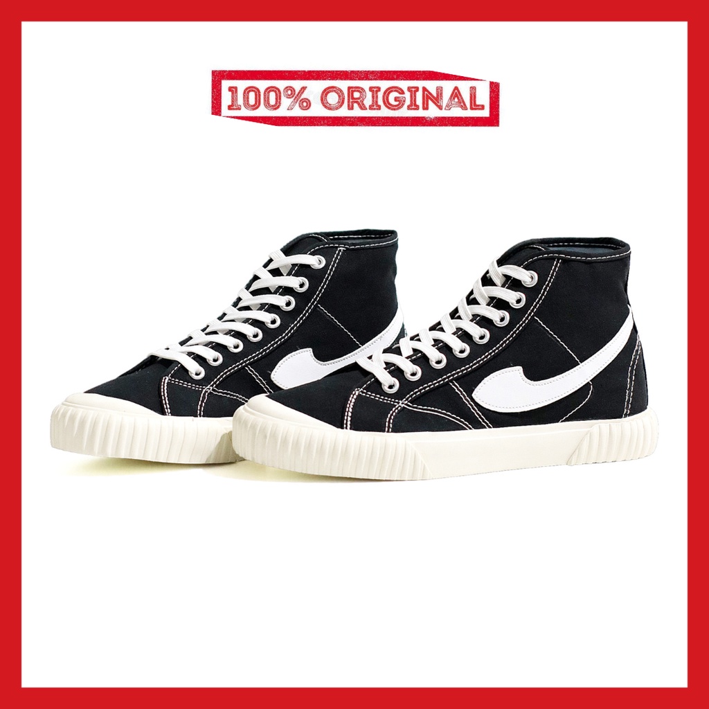 ORIGINAL - Sepatu Brand Lokal Kasual Pria Wanita No Brand Black White Hi Not Sneakers Compass Vintage Hitam Putih Tinggi