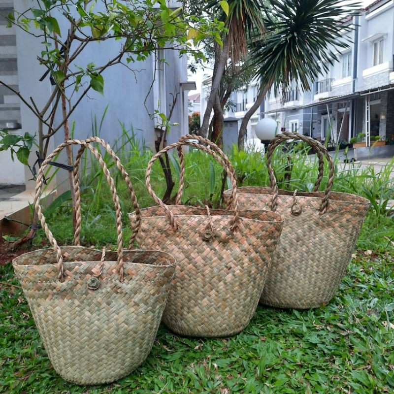 Keranjang Anyaman Purun Handle E01 / Cover Pot Kekinian / Tas Purun Tanaman Hias Dekorasi