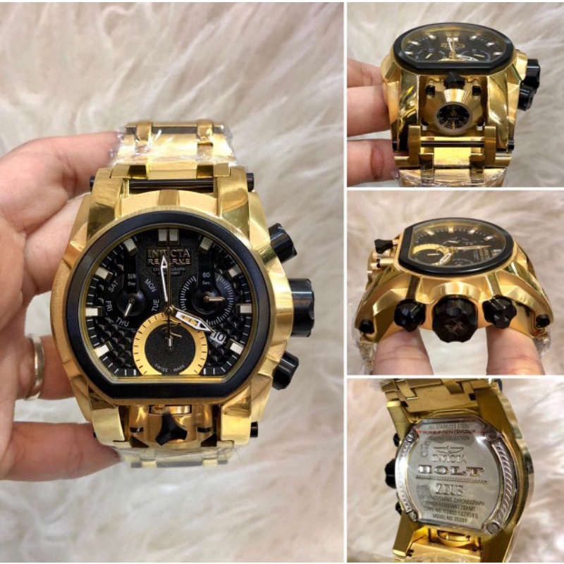 Real pic - Jam tangan pria INVICTA dual time Premium japan Gold Plat hitam