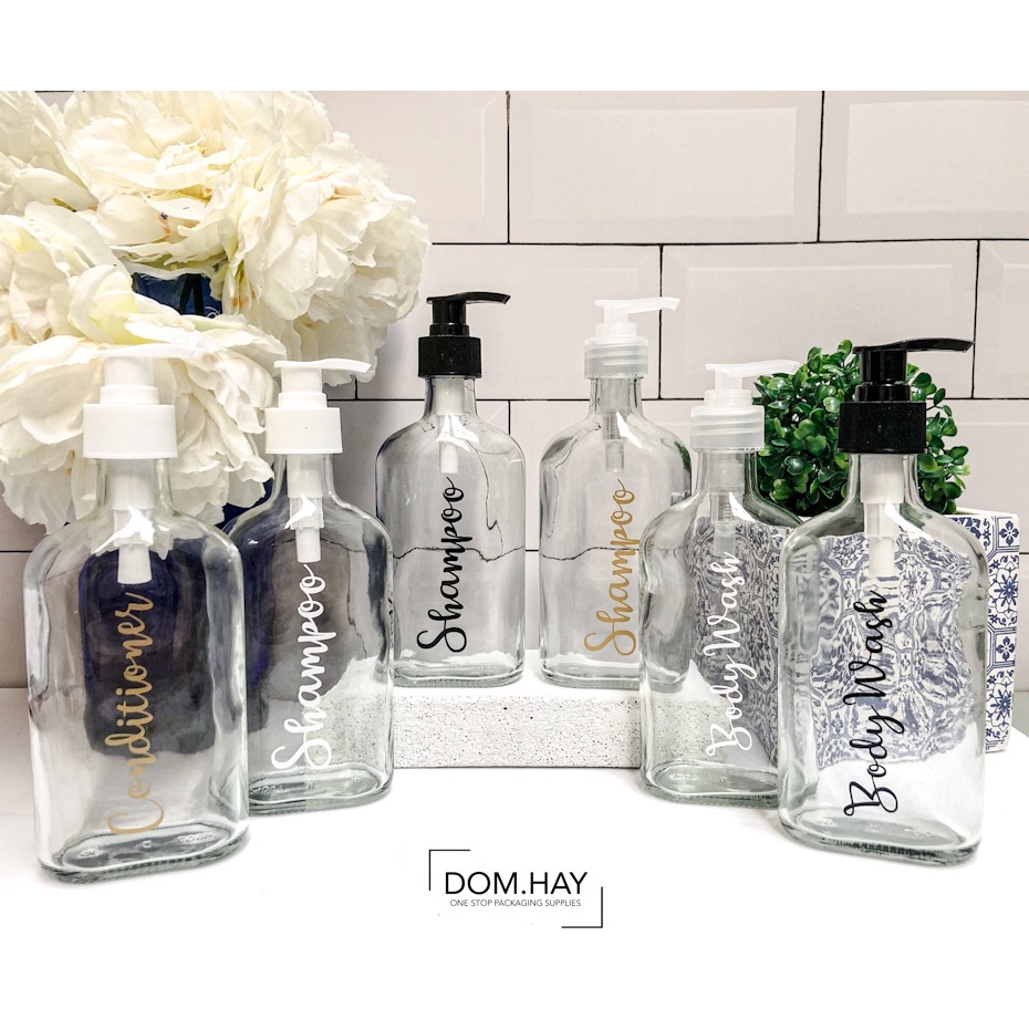 Bathroom Bottle Aesthetic 250ml Botol Pump Kaca Clear Gepeng Free Stiker HOME LIVING Shampoo Soap Dispenser Sabun Lotion Detergent Toiletries Daily Cleanser