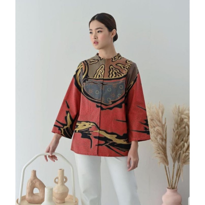 blouse batik abstrak jahitan premium jahitan butik full  lapis trikot model simpel batik seragam ata