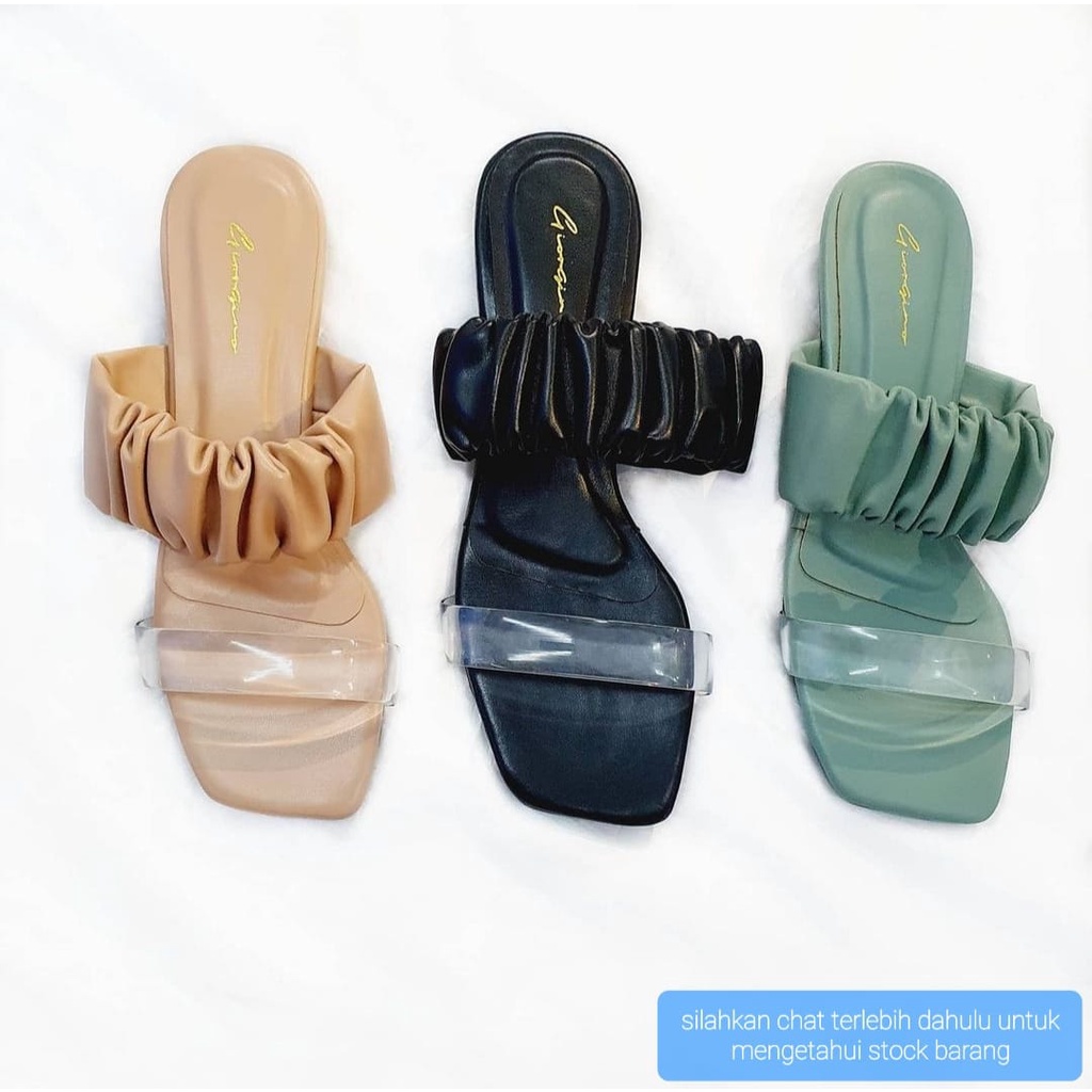 SANDAL HEELS KACA WANITA SCRUNCHIES SLIP ON - SENDAL FASHION KOREA