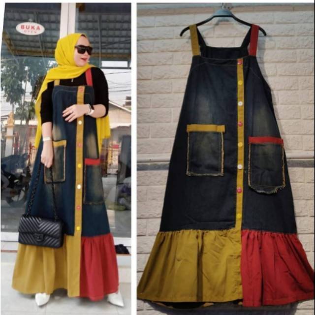 Rainbow overall jeans/bawahan muslim/overall jeans 3tone/rok kodok panjang wanita muslim