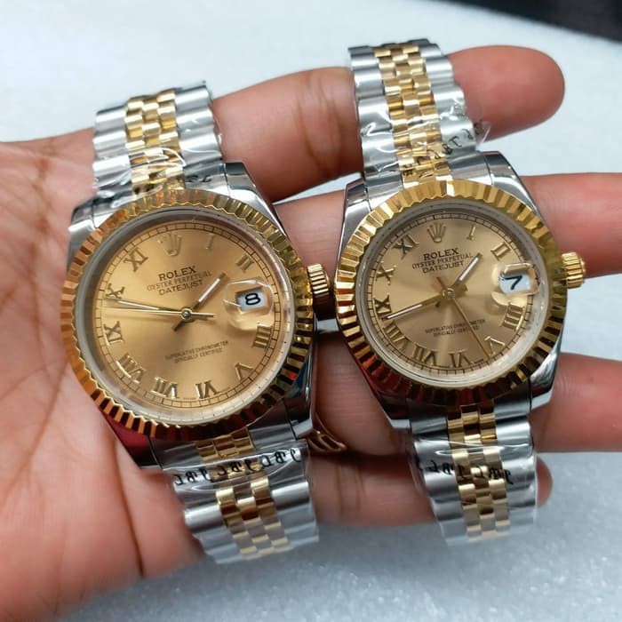 Jam Kw Super Couple Rolex Datejust Romawi Combi Gold Mewah Elegan