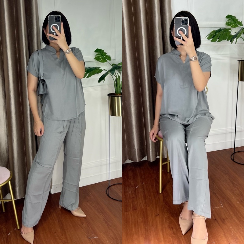 ONE SET TWILL PIYAMA SET TWILL/PAJAMAS/DAILY ONE SET/SETELAN / SETCEL / KEMEJA RAYON / RAYON TWILL-GREY TWILL