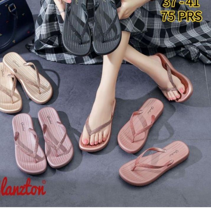 ♡ L1951A-2 Glanzton Sandal Semi Wedges 2,5 CM Motif Garis Jepit Wanita Karet Gliter Tali Blink Glitt