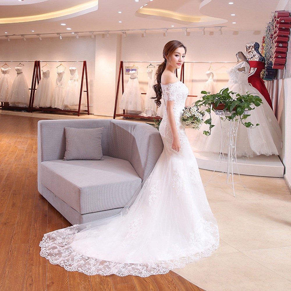 Putih Sabrina Mermaid Wedding Dress Gaun Pengantin Renda Putri Duyung Fishtail Wedding Dress