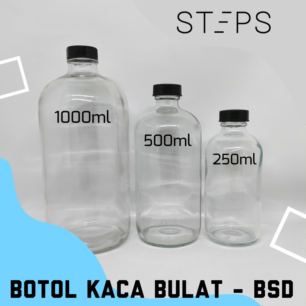 BOTOL KACA POLOS TUTUP HITAM - BULAT/Glass Bottle Minuman Kopi/Susu/Juice/Teh/Jus/Minyak/Essential Oil