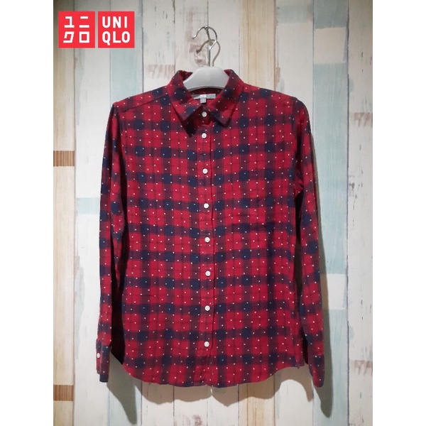F-07 Kemeja Uniqlo flannel merah biru navy kotak-kotak, baju second branded collections