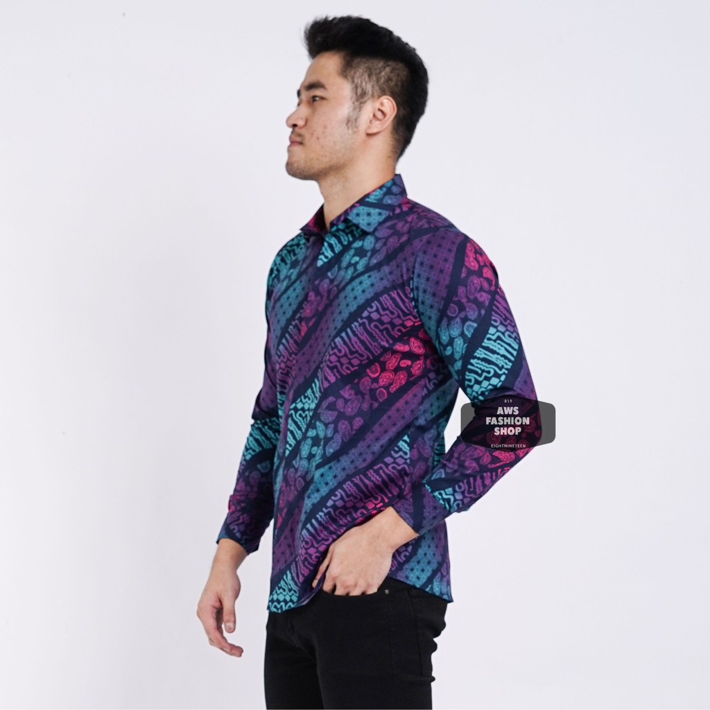 Kemeja Batik Pria Lengan Panjang Gradasi Blue Black Slimfit