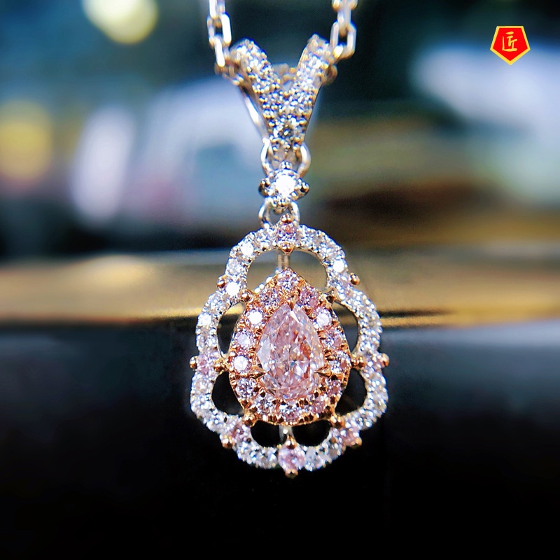 [Ready Stock]INS Water Drop Pear-Shaped Pendant Pink Diamond Necklace