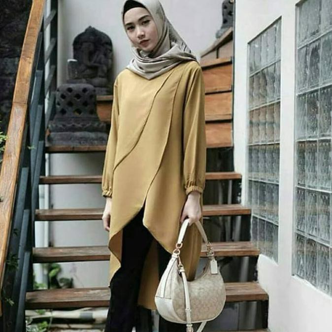 promo tunik happy sc bahan baloteli fit to xl - kuning mustard terbaru