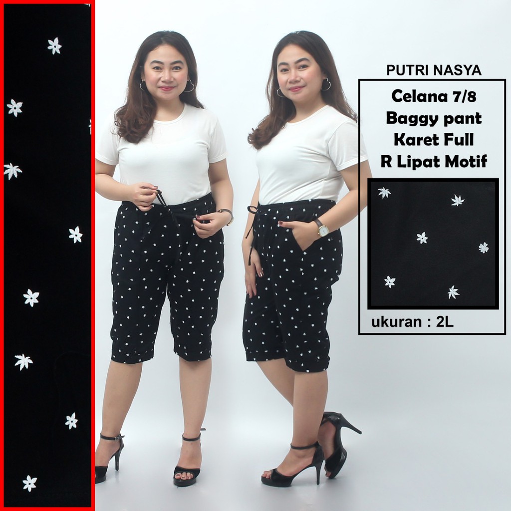 Celana 7/8 jumbo karet full motif / baggy pant jumbo / celana pendek 8L-6L-5L-4L-2L-XL-S fit to L