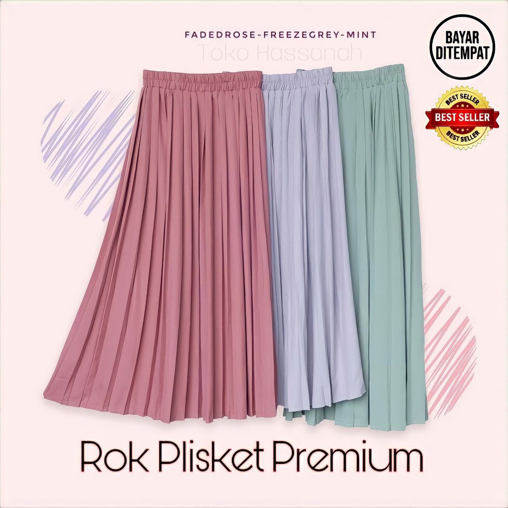 ROK PLISKET BAHAN HYGET PREMIUM SIZE FIT M-XXL PINGGANG KARET ROK PLISKET JUMBO PREMIUM