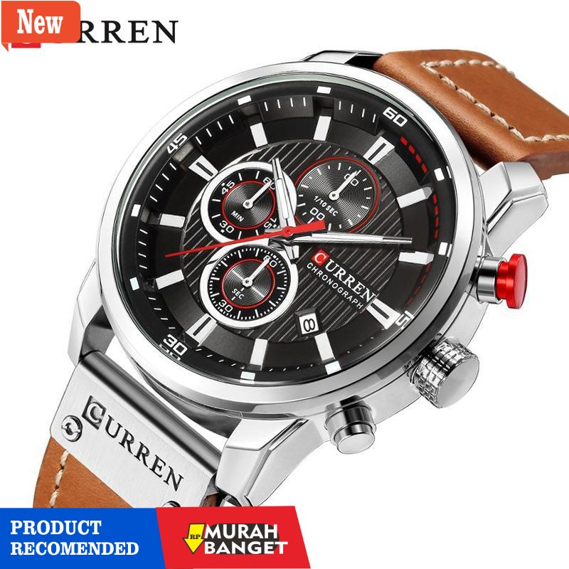 Jam analog pria terbaik- CURREN 8291 Jam Tangan Pria Analog Tali Kulit Chronograph Aktif CURRENOS