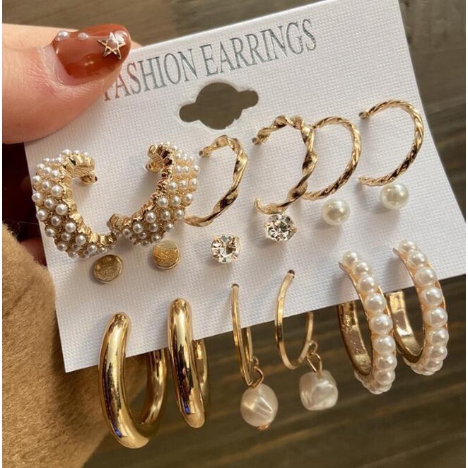 9 Pcs Baru Eropa dan Amerika Mutiara Temperamen Anting-Anting Set Wanita Geometris Zirkon Anting-Anting Fashion Aksesoris