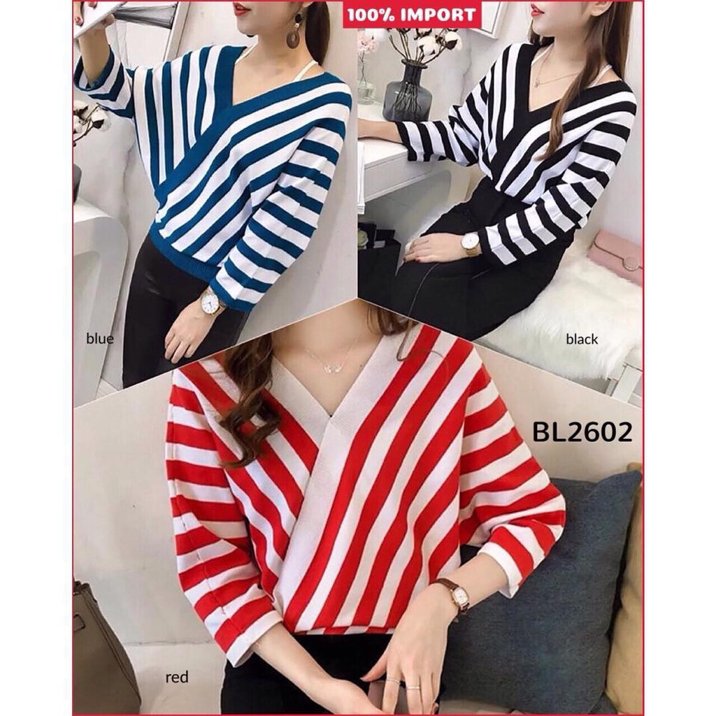Stripes V-Neck Batwing Knit Top - Rajut Import V-Neck