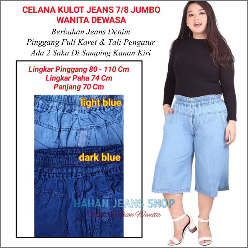 Celana Pendek Wanita Jeans Denim Kulot Jumbo 7/8 Pinggang Kolor Full Karet Clana Jins Santai 7 8 Sel