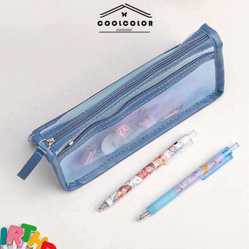 COD❤️Sederhana dua ritsleting kotak pensil Mesh dua lapisan besar - kantong alat tulis besar Korean double-layer transparent pencil bag student breathable gauze pencil bag adult makeup storage bag besar kapasitas kantor