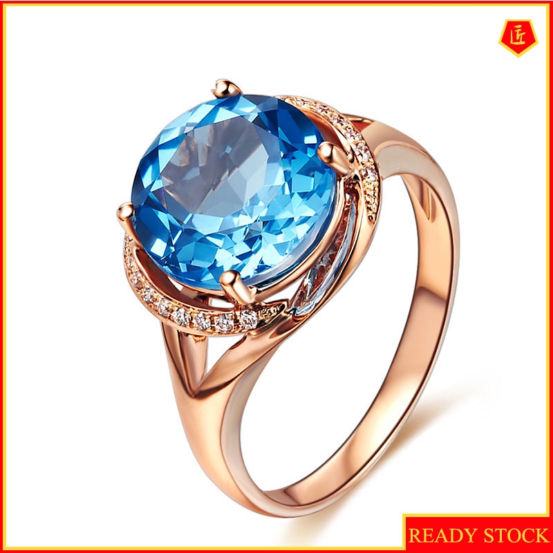 [Ready Stock]Elegant 18K Rose Gold Blue Topaz Ring