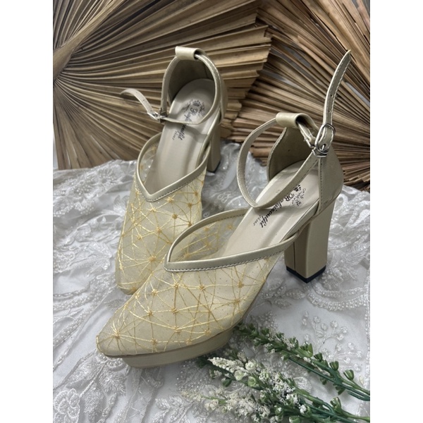 sepatu wanita wedding Laima tali gold 9cm tahu