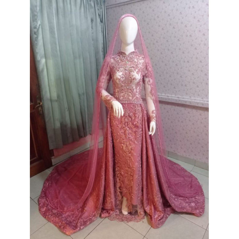 Gaun pengantin akad kebaya langsung konveksi pink grey