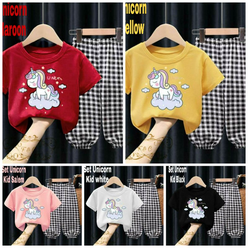 3 UKURAN S M L SET UNICORN KID FASHION PAKAIAN ANAK PEREMPUAN SETELAN BABYETRRY KOMBI KATUN KOTAK FEHM