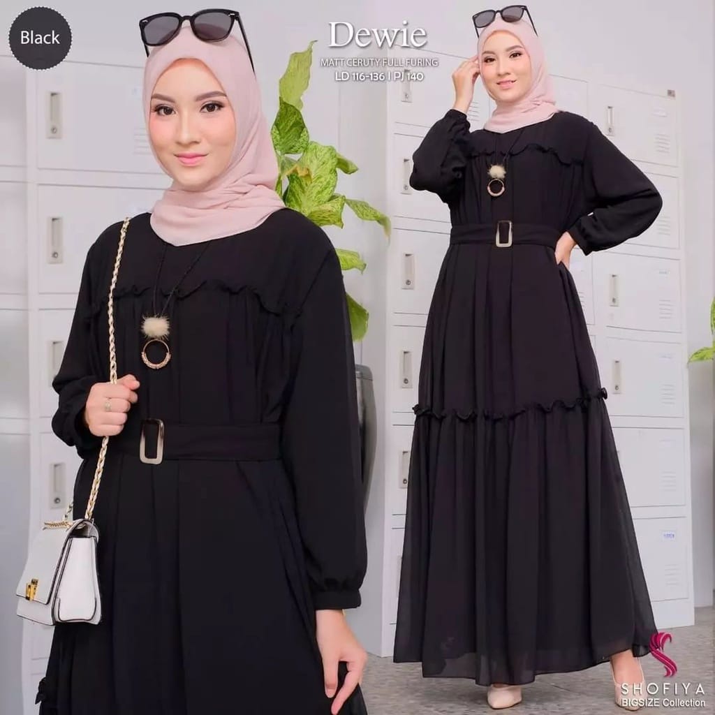 Dewie Dress Gamis Ceruty Babydoll Full Furing Baju Kondangan Wanita Gaun Pesta Muslimah Gamis Jumbo Baju Wanita Kekinian