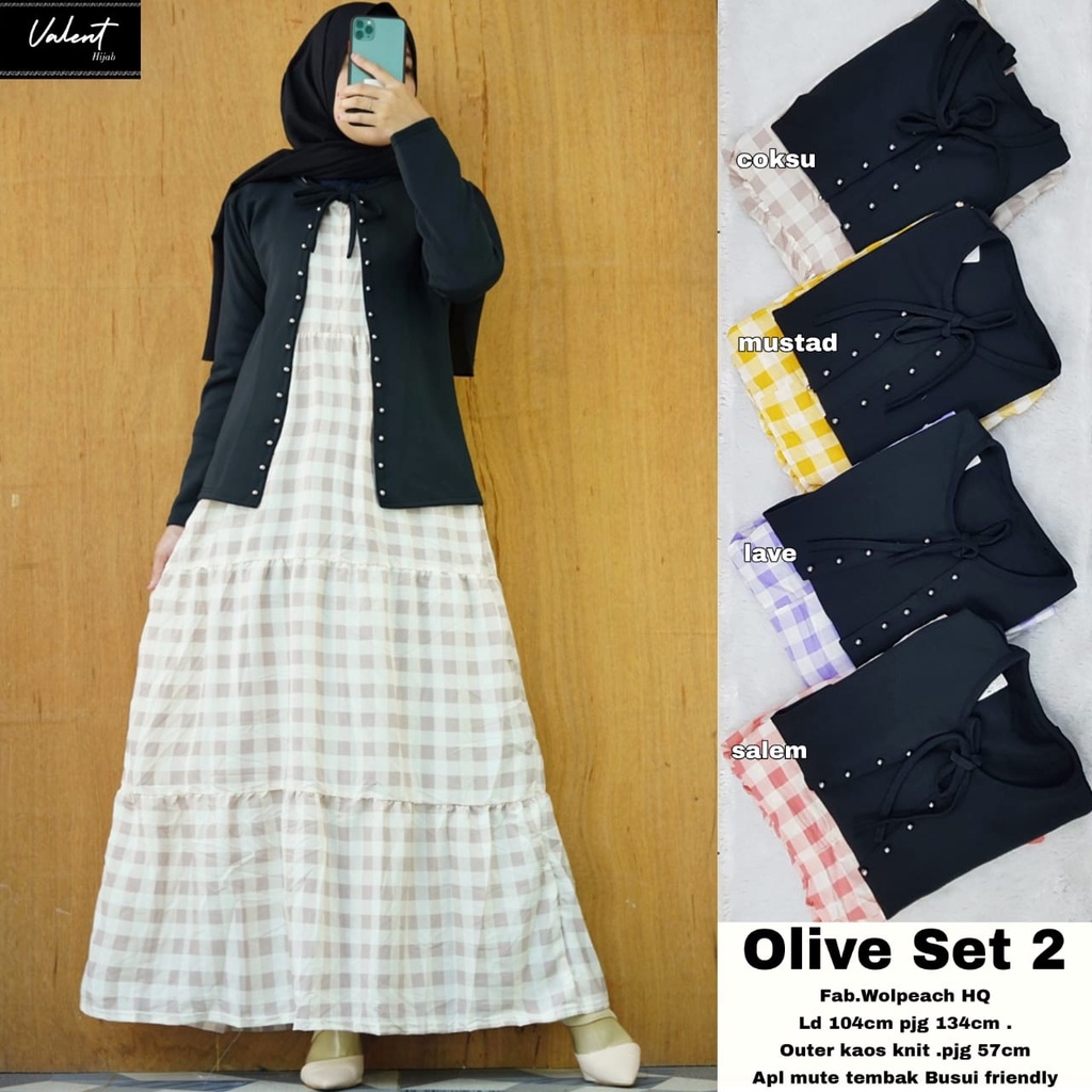 Gamis wanita kotak kotak mix rompi Olive Set by Valent solo