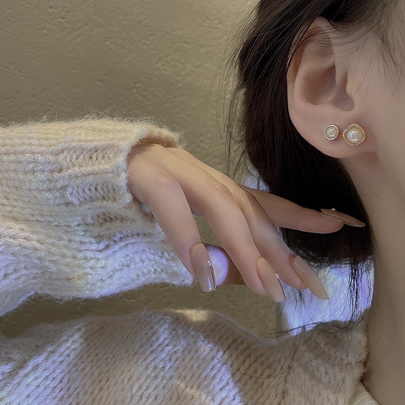 3 Pasang Anting Stud 925 Silver Needle Bentuk Lingkaran Aksen Mutiara Untuk Wanita