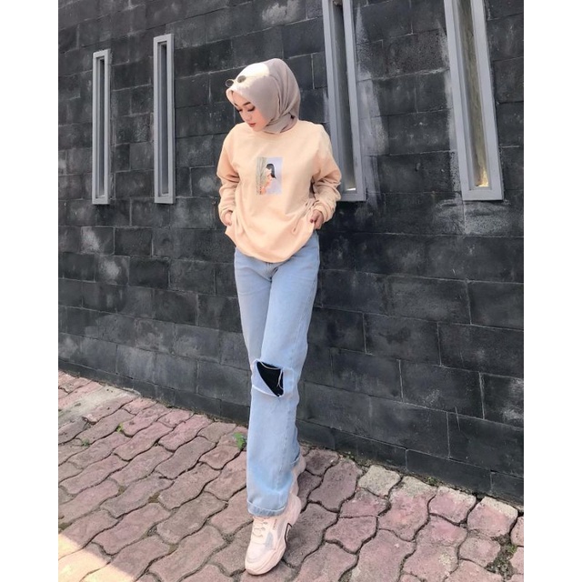 Highwaist Jeans Wanita Ripped - Celana Jeans Sobek Lutut