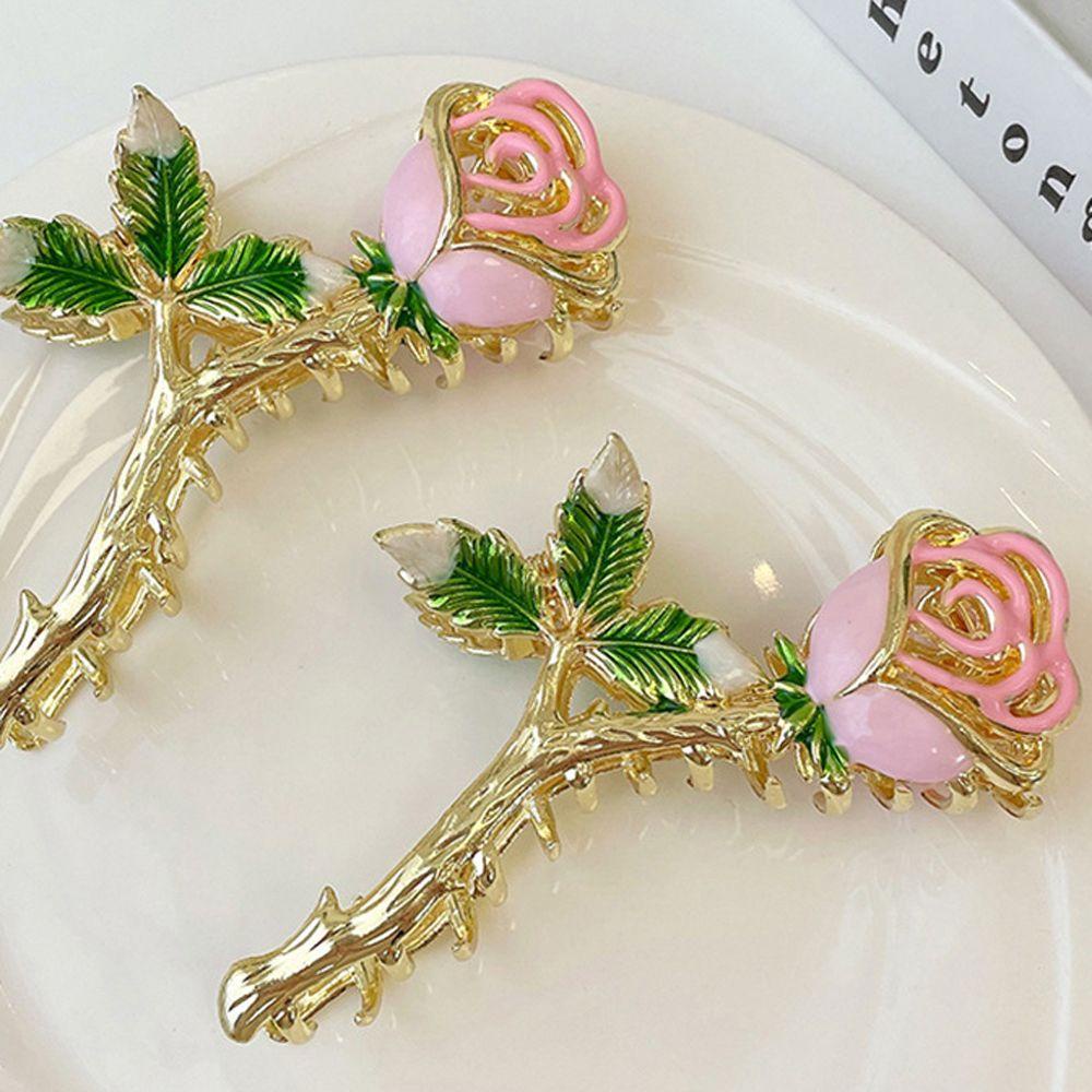 Needway   Female Hair Claw French Luxury Pink Daun Headdres Peri Mawar Hiu Klip