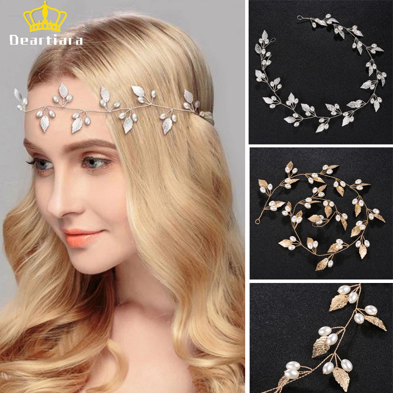 Handmade Hiasan Rambut Bridal Model Daun Bahan Alloy Dengan Mutiara Imitasi Untuk Wanita