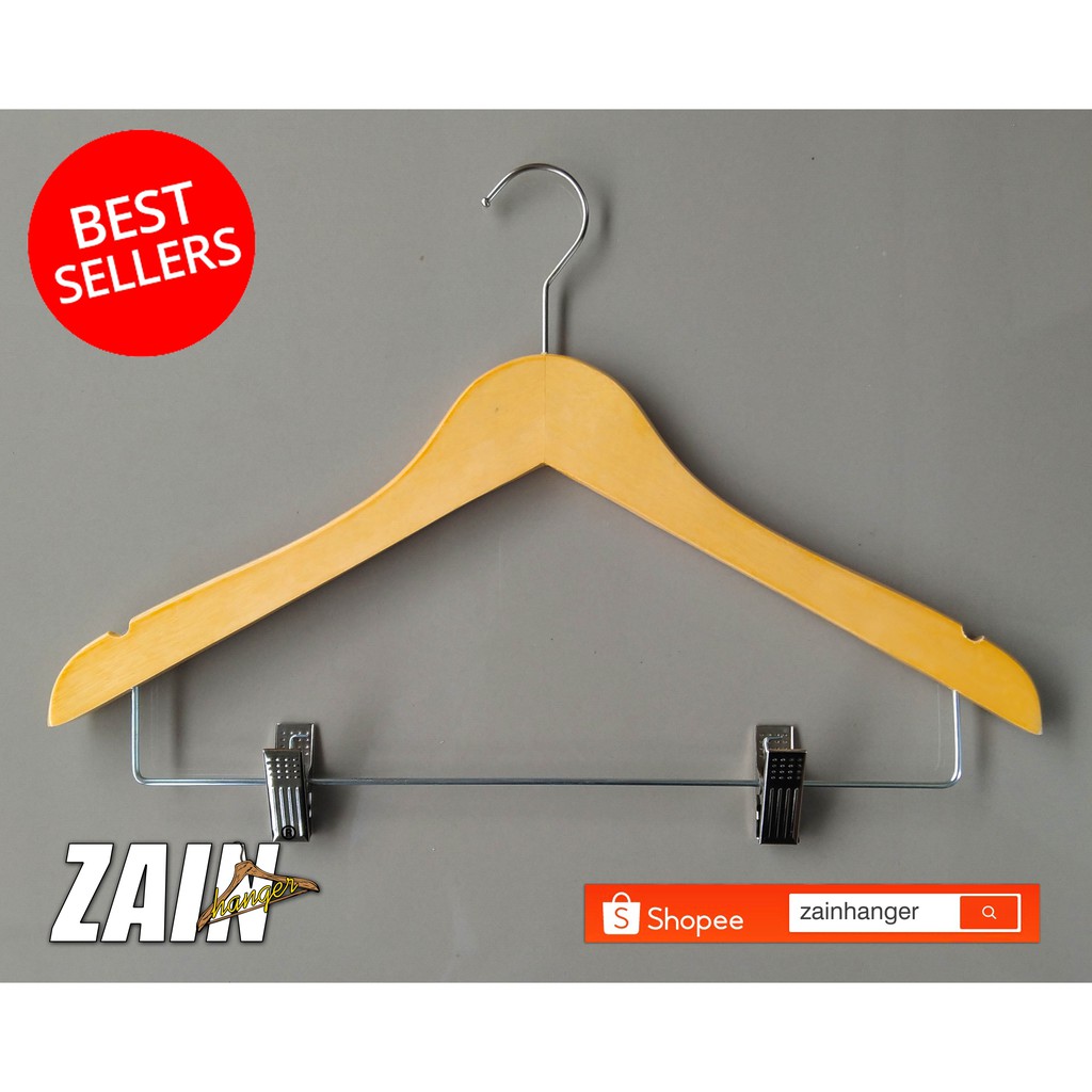 HANGER KAYU BAJU DEWASA + PALANG JEPIT + WARNA NATURAL