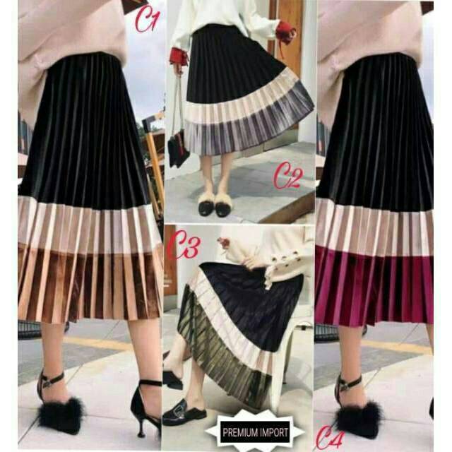 [PREMIUM ORIGINAL IMPORT] VELVET DIAMOND/DOTTY/3TONE PLISKET PLEATED MIDI SKIRT/ROK LIPIT BELUDRU