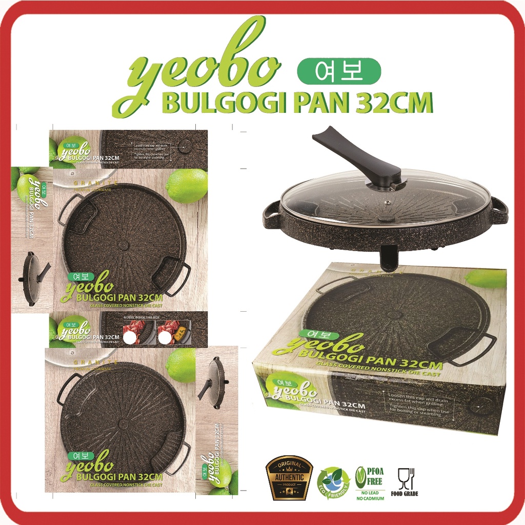 YEOBO BULGOGI PAN 32CM ALL NEW PANGGANGAN BBQ FREE TUTUP KACA GAGANG PANJANG