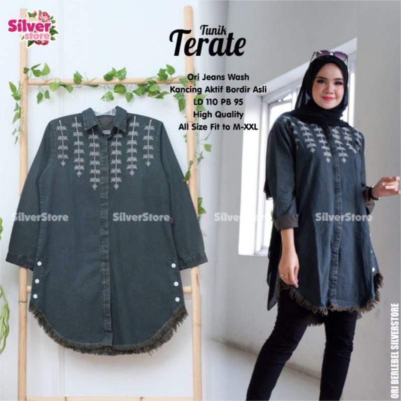 Terate Tunik - Tunik Jeans Bordir - Tunik Denim - Baju Ibu Menyusui - atasan wanita lengan panjang