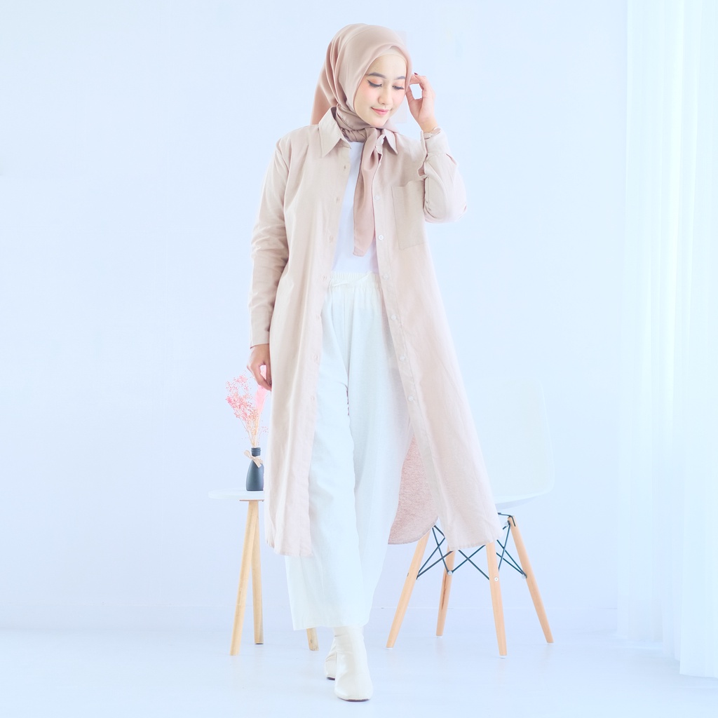 (MGA) TUNIK KEMEJA MIDI SAHLENA OVERSIZE RAMI LINEN  DRESS WANITA