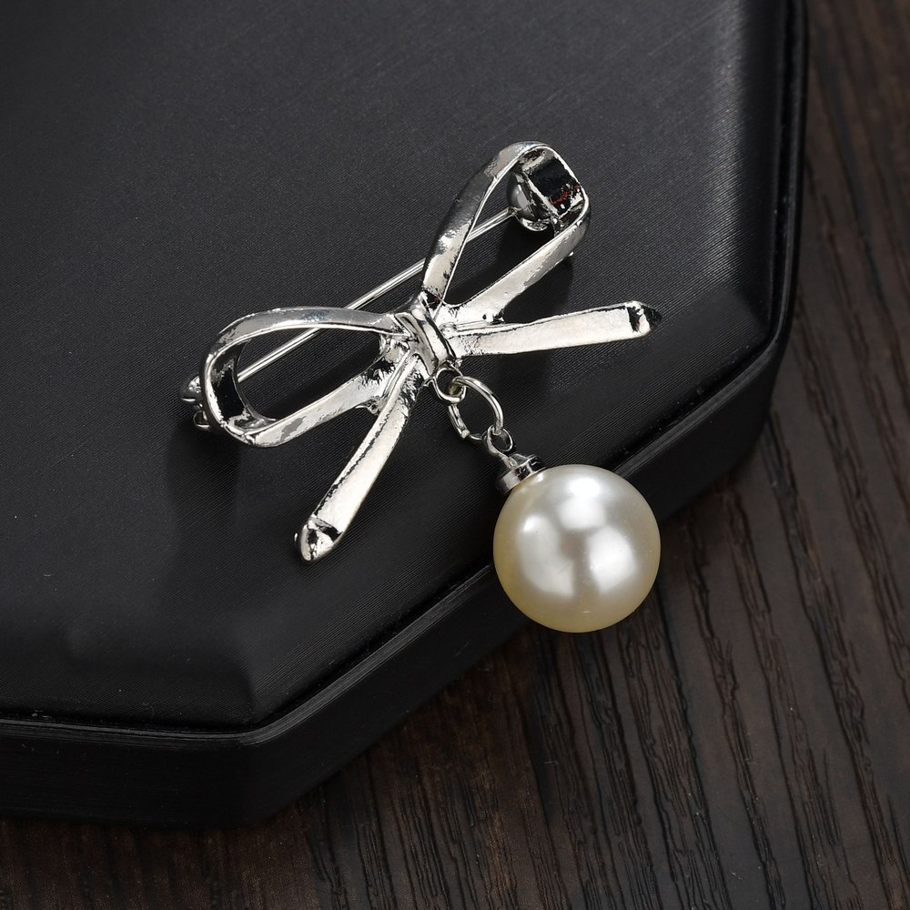 [ 1Pc Gold Silver Elegant Bowknot Pearl Brooches Brooch Pin Collar Jewelry for Girls ]