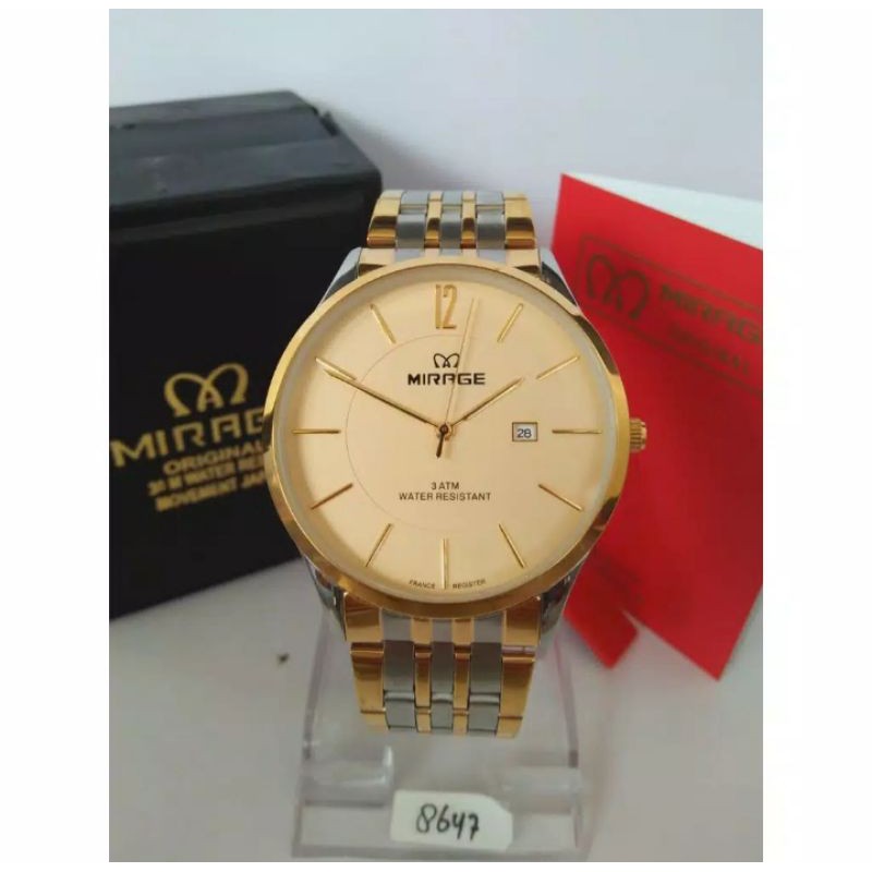 jam tangan pria;MIRAGE M8647BRP-Lkombi~ORIGINAL WATER RESISYANT~TGL~STAINLEES