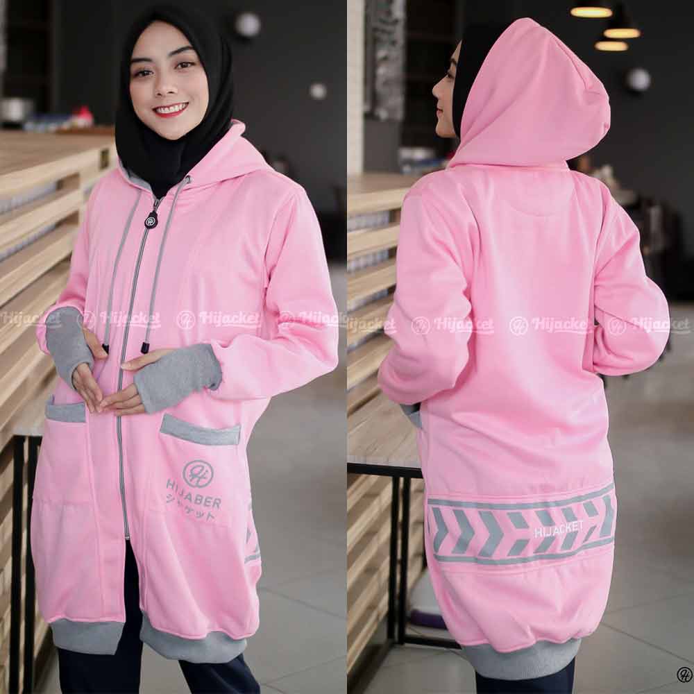 Jaket Jacket Hoodie Panjang Muslimah Wanita Cewek Jeket Hijaber Kekinian Abu Tua Pink Hijacket YK-5