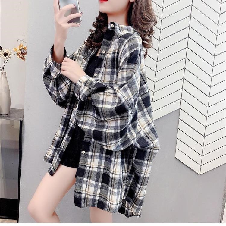 Kemeja wanita casual Kotak-kotak Lengan Panjang Blouse/Model Longgar Kemeja Wanita Casual Kemeja wanita-2