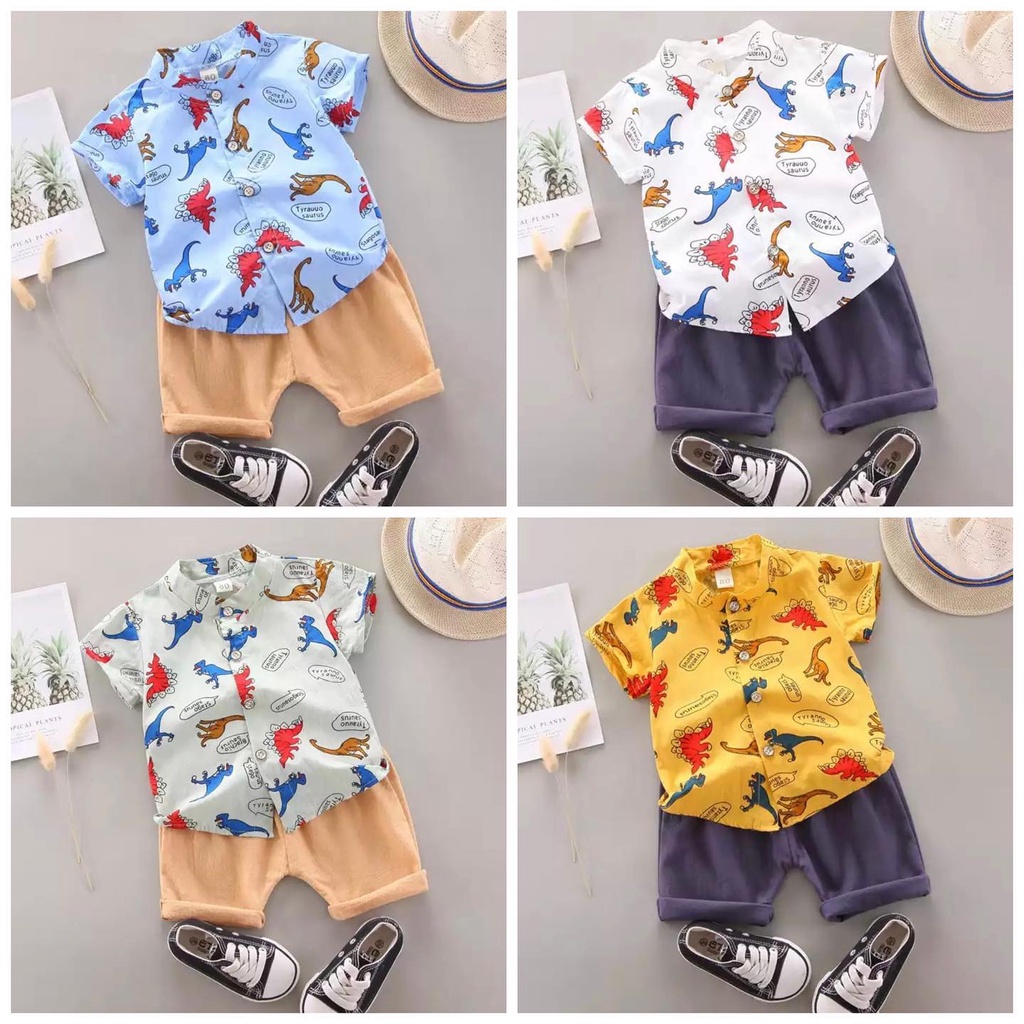 KEMEJA ASLI IMPORT SPORTY DINO 11 MOTIF Setelan Kemeja Celana  Dasi Pergi Jalan Fashion Anak Bayi Cowok Laki Terlaris lucu